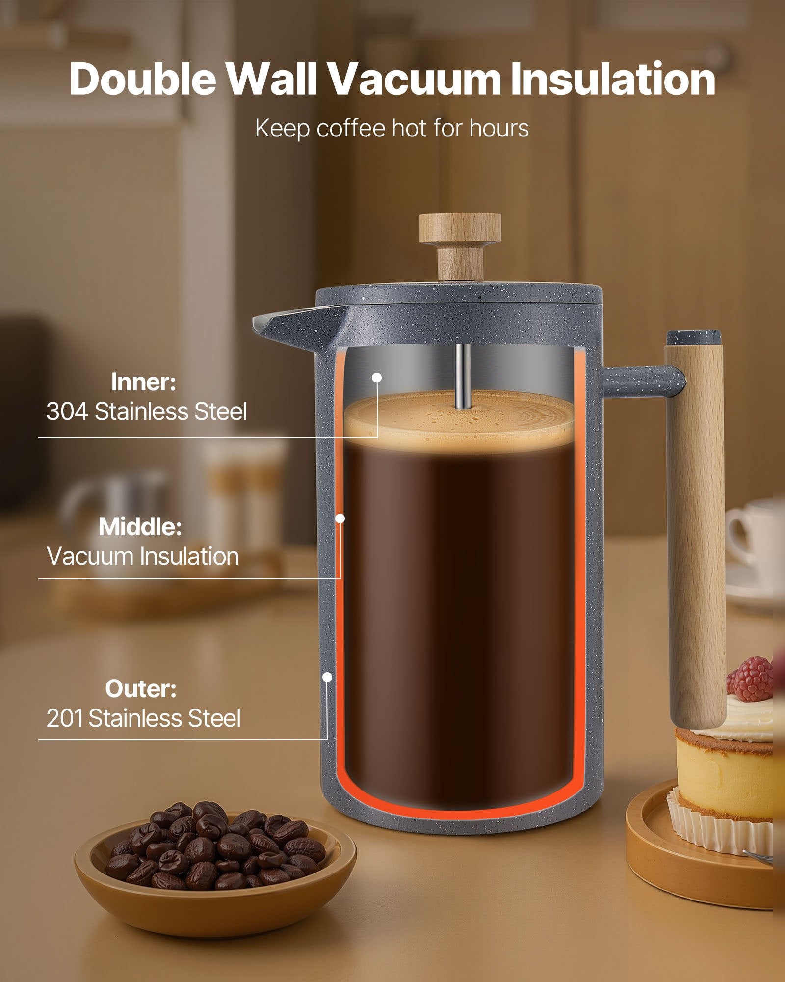 Midnight Stainless Steel French Press with Natural Wood Handle (34 oz)